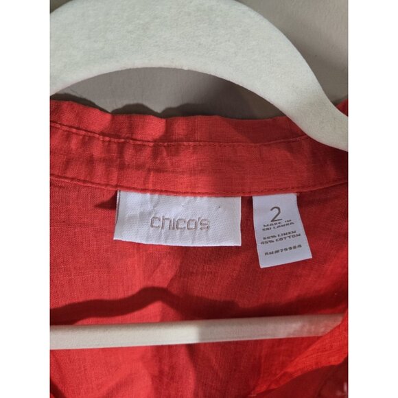 Chico's Salmon Linen Blend Tab Sleeve Button Down Sz 2 RN 79984 Comfy Casual - Picture 4 of 9